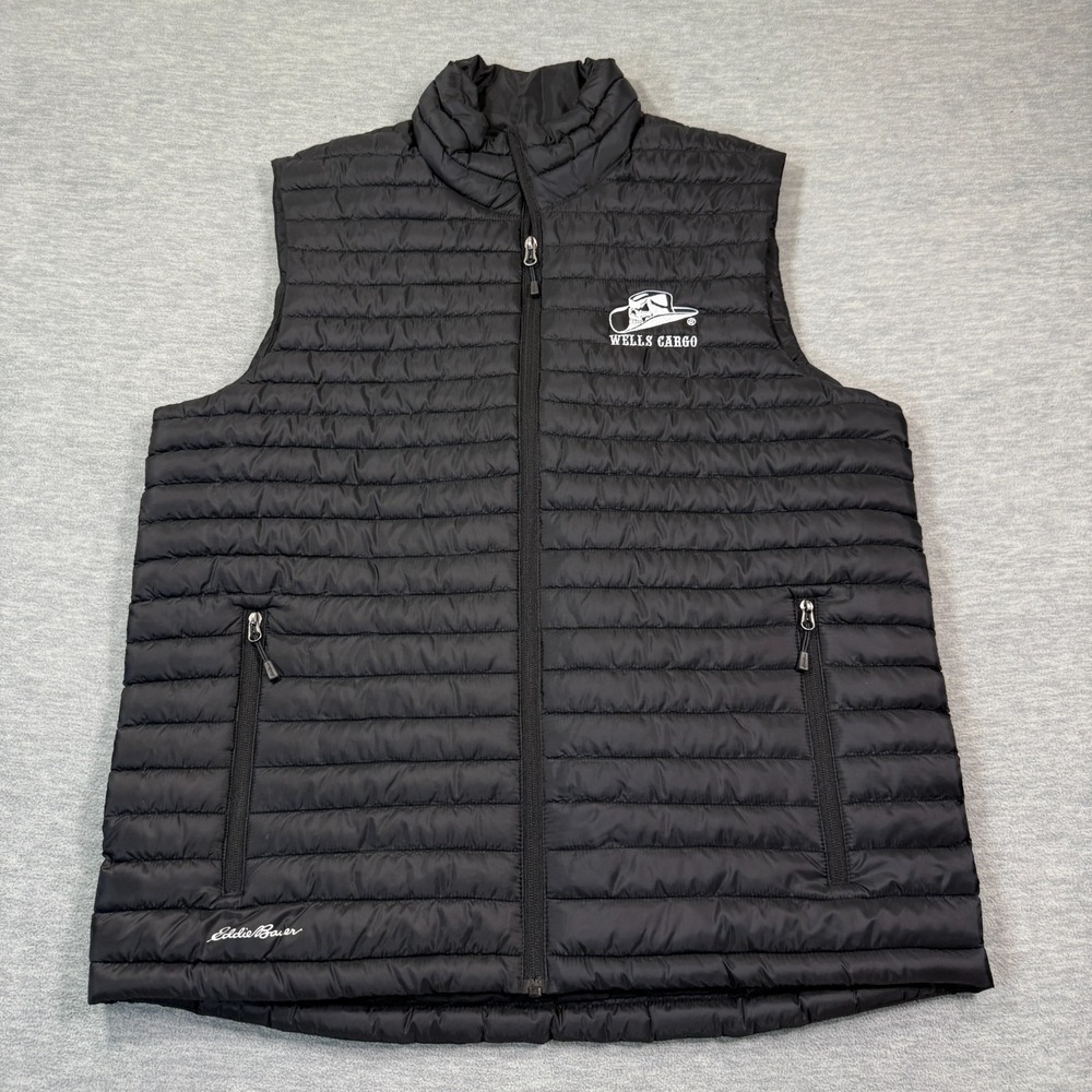 Eddie Bauer Vest Men XL Black Packable Puffer Wells Cargo Logo Full Zip